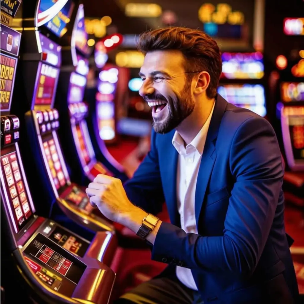 Un hombre satisfecho juega a las tragamonedas UNIQUE CASINO